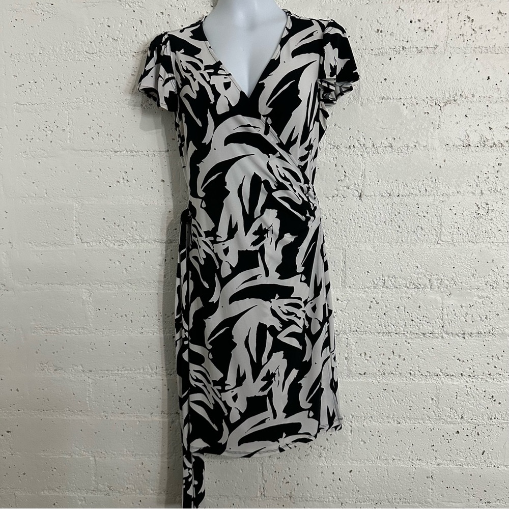 Ann Taylor Womens Wrap Dress 10 Black White Short Sleeve Stretch BB17